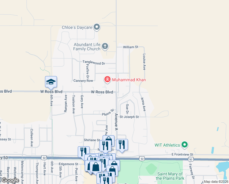 map of restaurants, bars, coffee shops, grocery stores, and more near 116 West Ross Boulevard in Dodge City