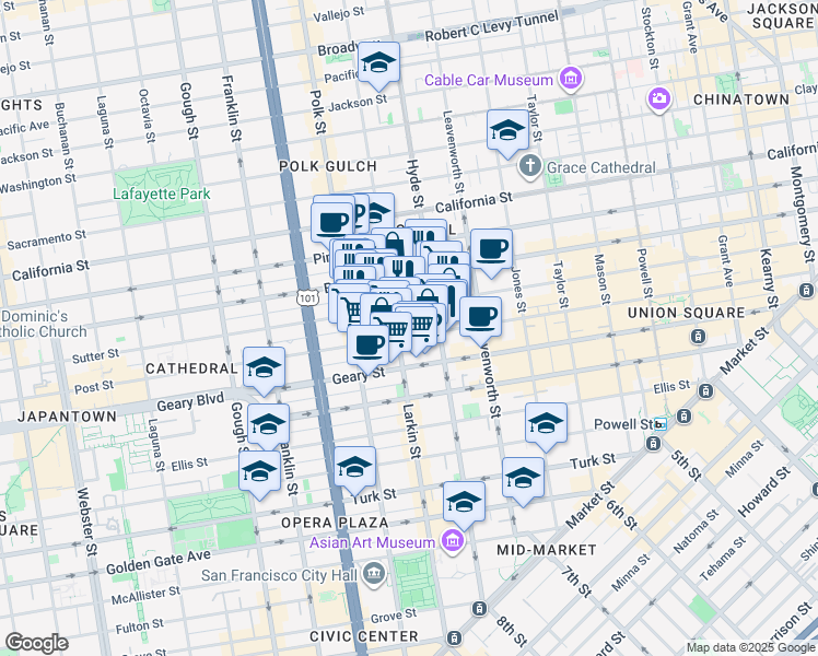 map of restaurants, bars, coffee shops, grocery stores, and more near 1078 Sutter Street in San Francisco