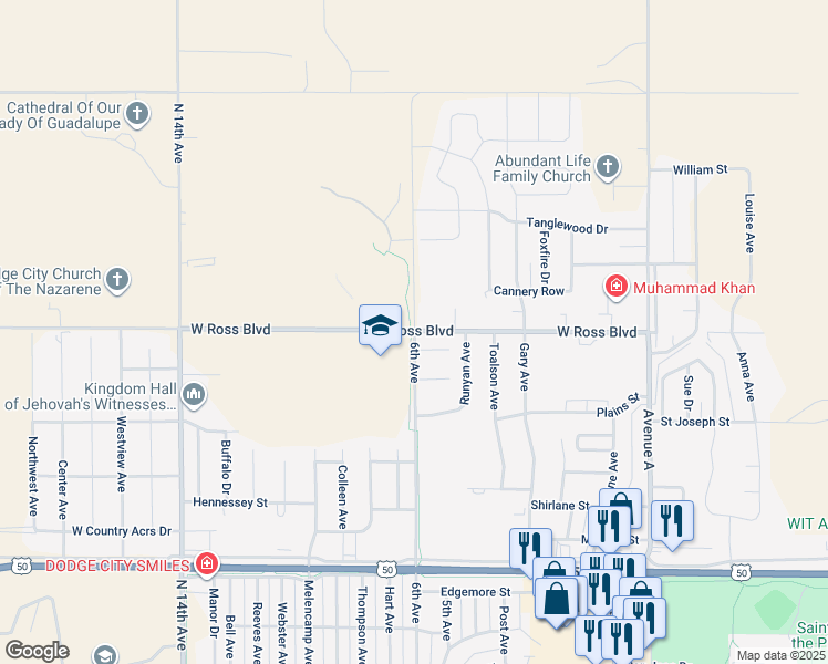 map of restaurants, bars, coffee shops, grocery stores, and more near 3301 6th Avenue in Dodge City