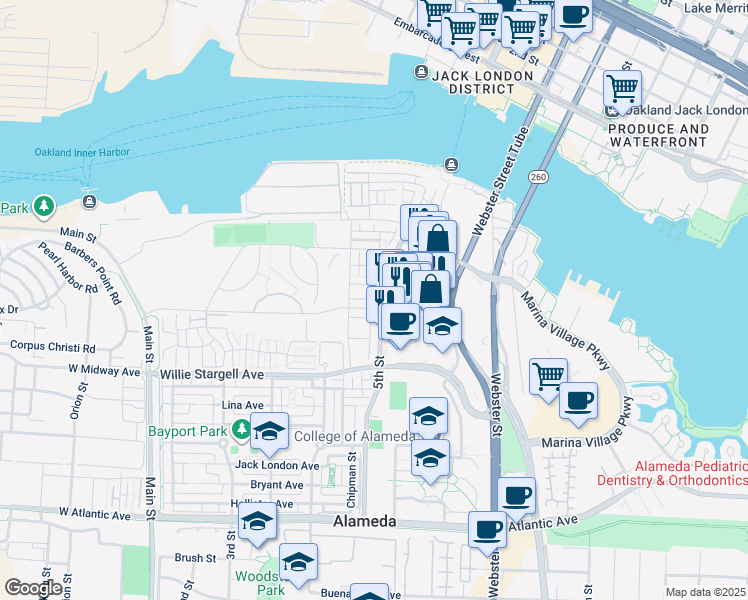 map of restaurants, bars, coffee shops, grocery stores, and more near 2709 5th Street in Alameda