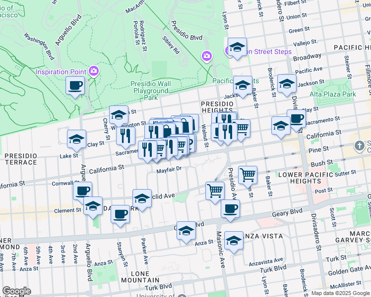 map of restaurants, bars, coffee shops, grocery stores, and more near 409 Laurel Street in San Francisco