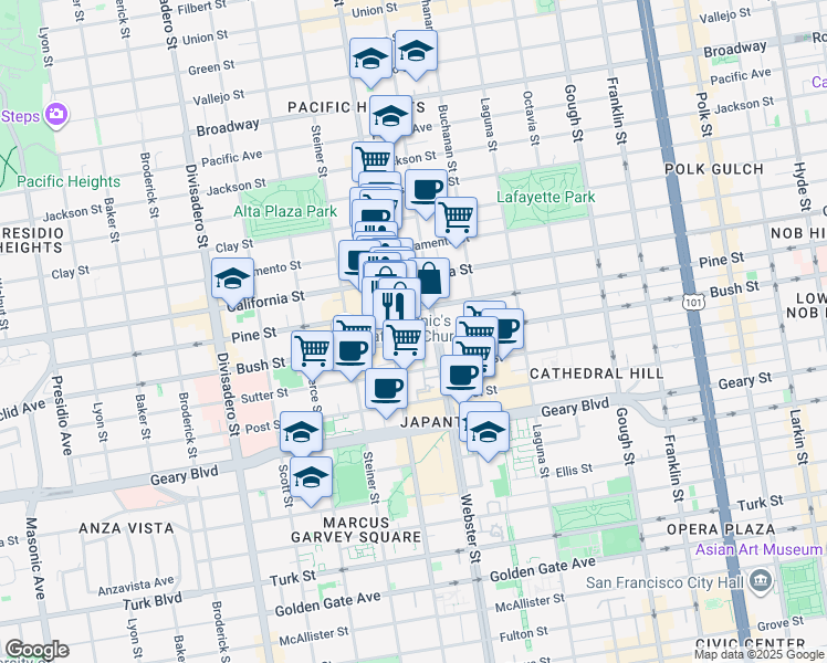 map of restaurants, bars, coffee shops, grocery stores, and more near 2263 Pine Street in San Francisco