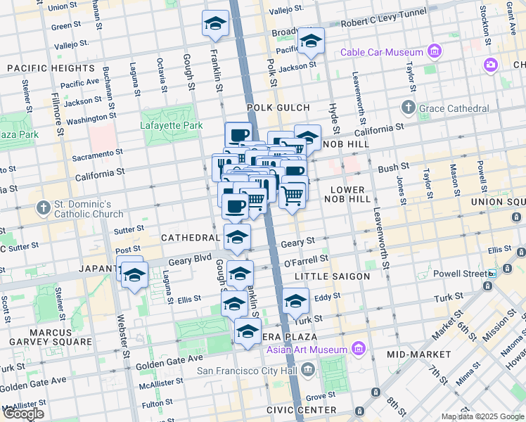 map of restaurants, bars, coffee shops, grocery stores, and more near 1245 Van Ness Avenue in San Francisco