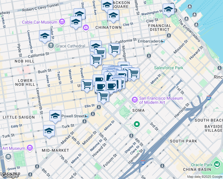 map of restaurants, bars, coffee shops, grocery stores, and more near 58 Geary Boulevard in San Francisco