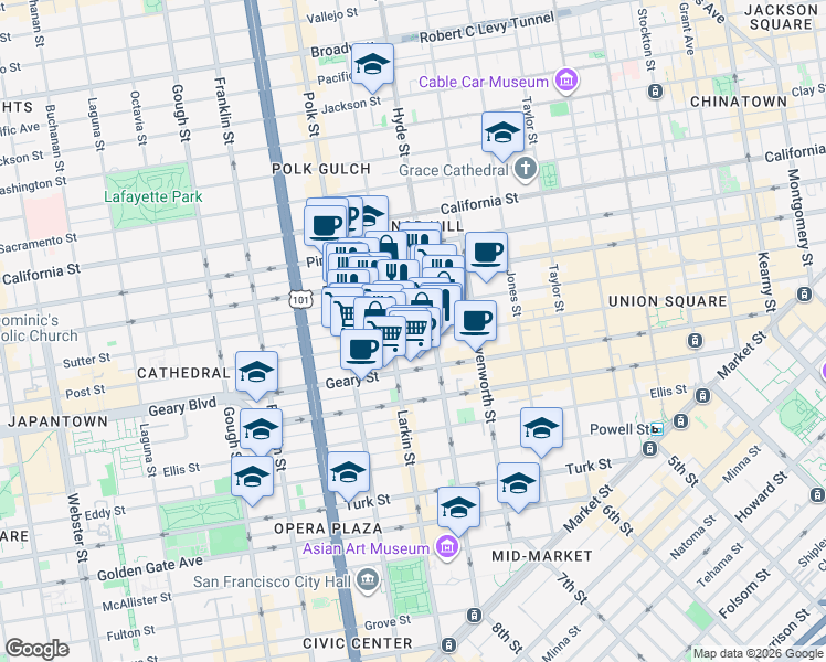 map of restaurants, bars, coffee shops, grocery stores, and more near 940 Post Street in San Francisco