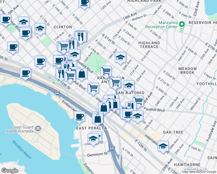 map of restaurants, bars, coffee shops, grocery stores, and more near in Oakland