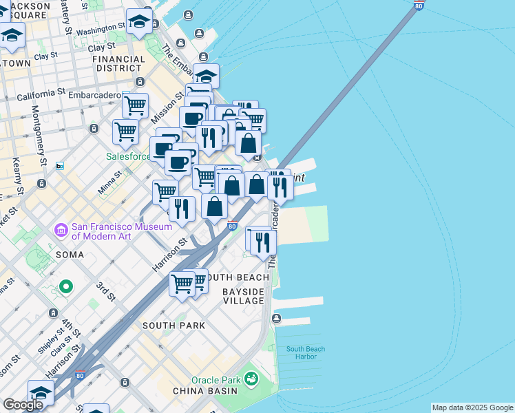 map of restaurants, bars, coffee shops, grocery stores, and more near 401 Main Street in San Francisco