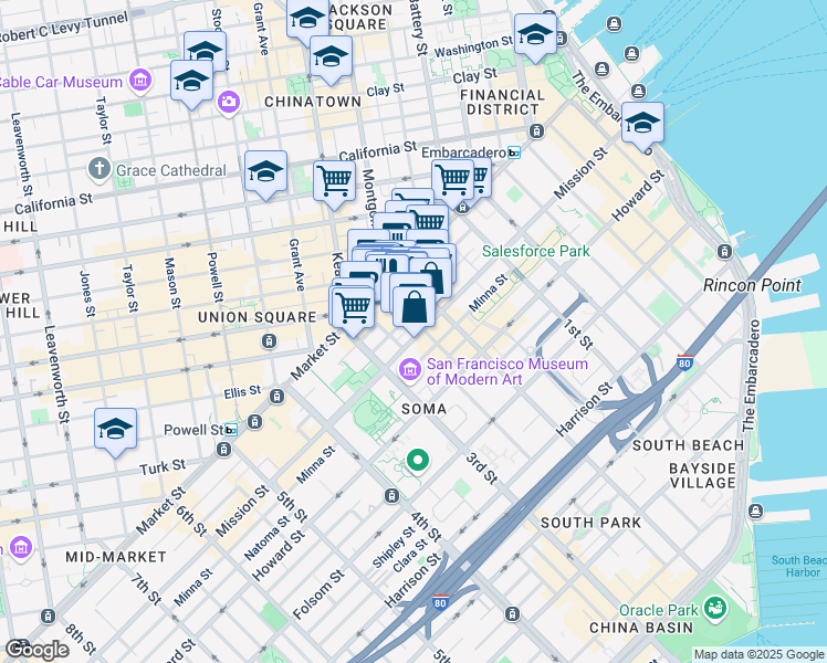 map of restaurants, bars, coffee shops, grocery stores, and more near 105 Jessie Street in San Francisco
