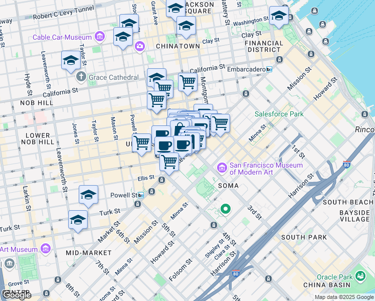 map of restaurants, bars, coffee shops, grocery stores, and more near 58 Geary Boulevard in San Francisco