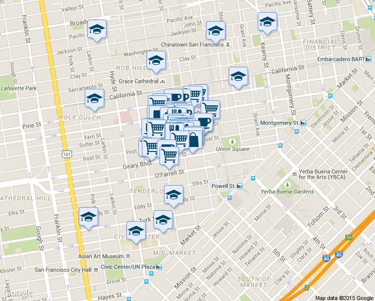 map of restaurants, bars, coffee shops, grocery stores, and more near 628 Post Street in San Francisco