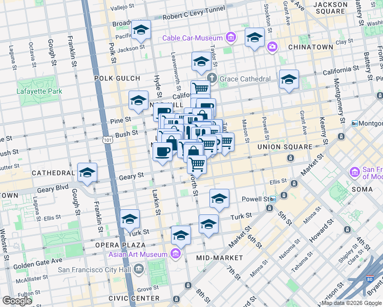 map of restaurants, bars, coffee shops, grocery stores, and more near 736 Leavenworth Street in San Francisco