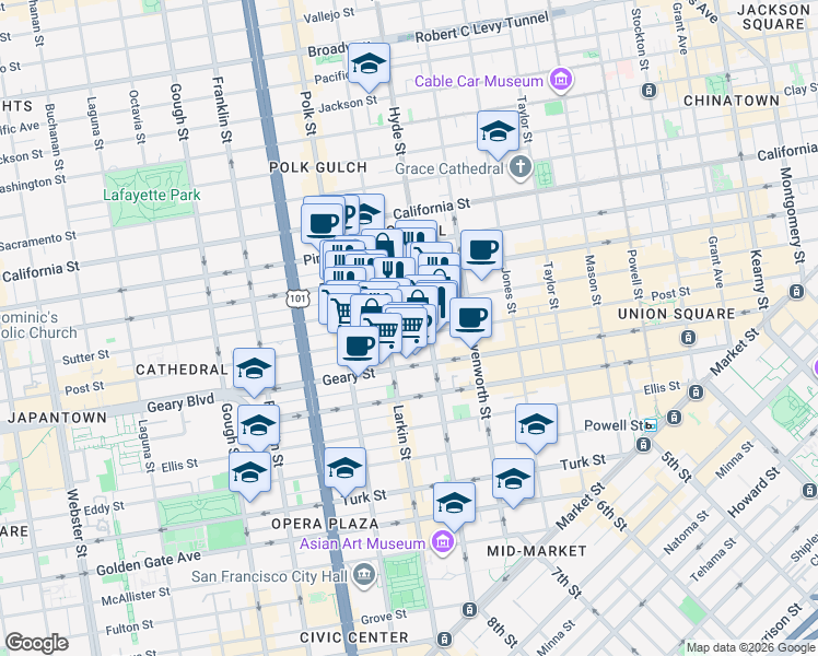 map of restaurants, bars, coffee shops, grocery stores, and more near 1078 Sutter Street in San Francisco