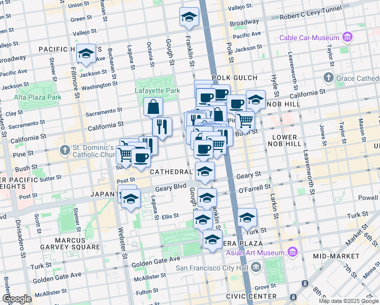 map of restaurants, bars, coffee shops, grocery stores, and more near 1701 Bush Street in San Francisco