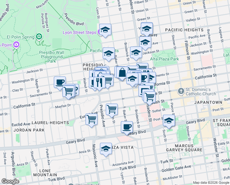 map of restaurants, bars, coffee shops, grocery stores, and more near 1814 Lyon Street in San Francisco