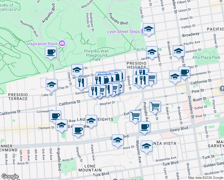 map of restaurants, bars, coffee shops, grocery stores, and more near 3530 Sacramento Street in San Francisco