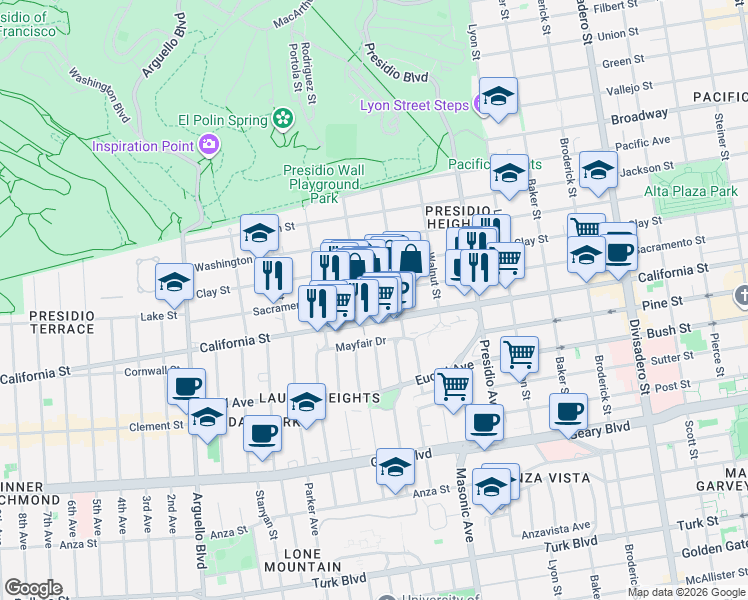 map of restaurants, bars, coffee shops, grocery stores, and more near 3530 Sacramento Street in San Francisco