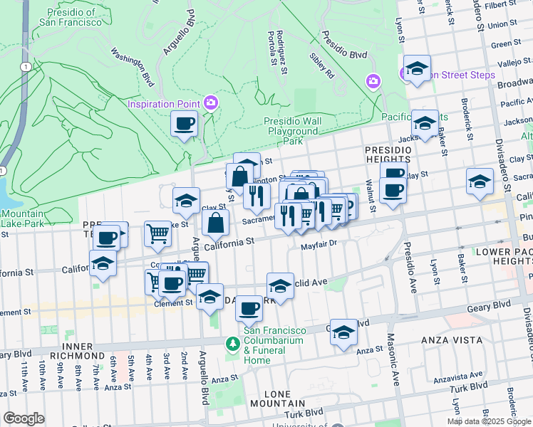 map of restaurants, bars, coffee shops, grocery stores, and more near 3807 Clay Street in San Francisco