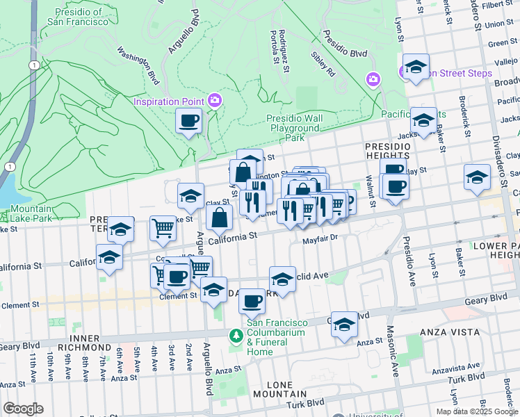 map of restaurants, bars, coffee shops, grocery stores, and more near 3807 Clay Street in San Francisco