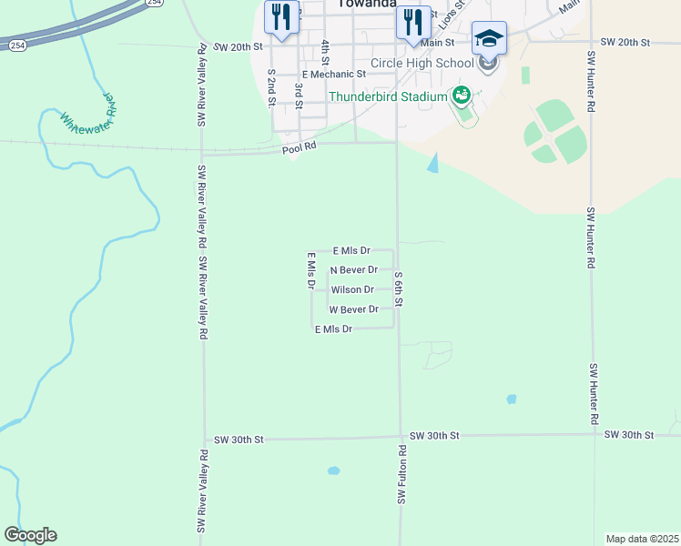 map of restaurants, bars, coffee shops, grocery stores, and more near 620 North Mills Drive in Towanda