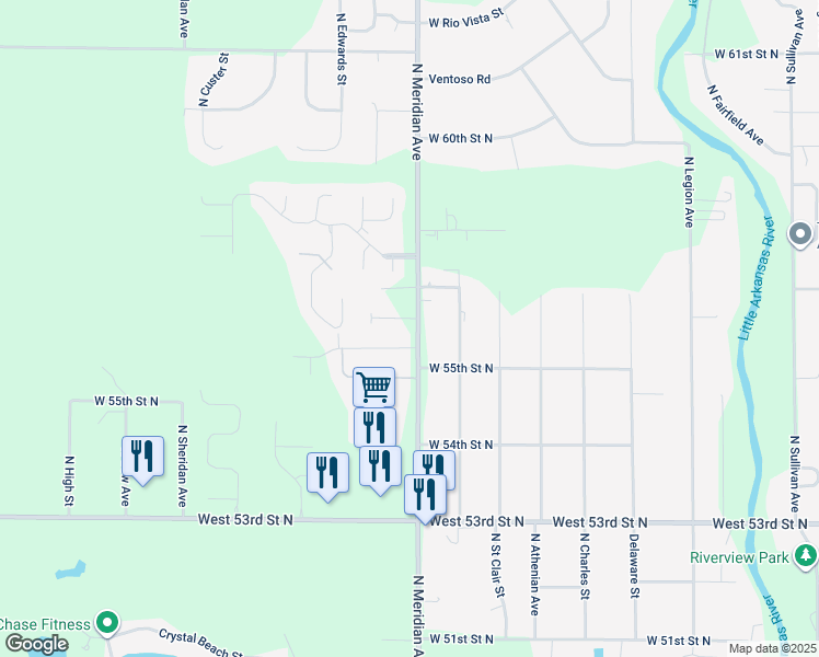 map of restaurants, bars, coffee shops, grocery stores, and more near 5735 North Meridian Avenue in Wichita