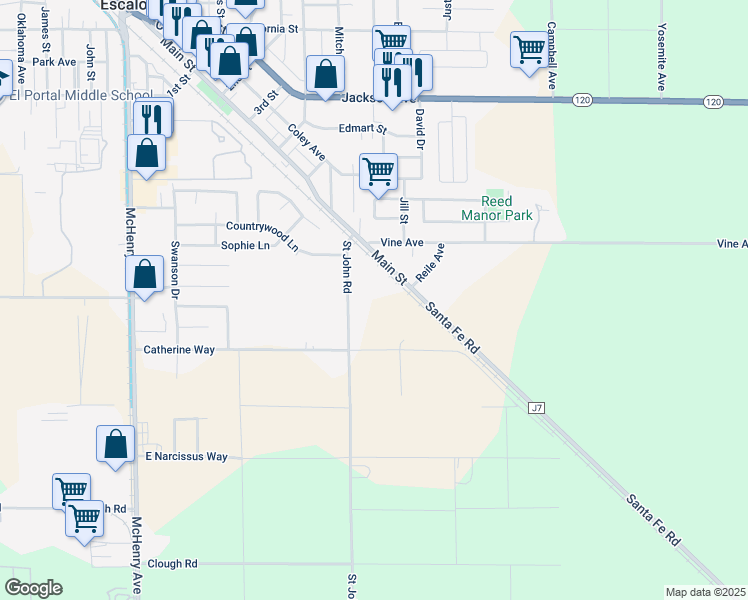 map of restaurants, bars, coffee shops, grocery stores, and more near 2326 Main Street in Escalon