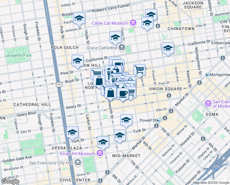 map of restaurants, bars, coffee shops, grocery stores, and more near 737 Post Street in San Francisco