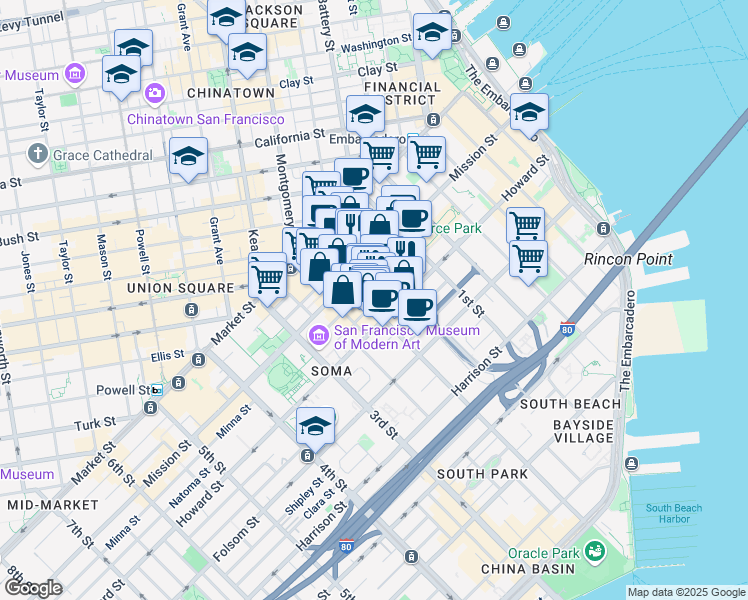 map of restaurants, bars, coffee shops, grocery stores, and more near in San Francisco
