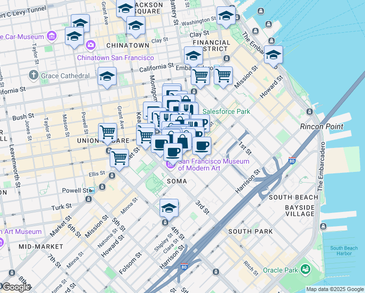 map of restaurants, bars, coffee shops, grocery stores, and more near 92 2nd Street in San Francisco