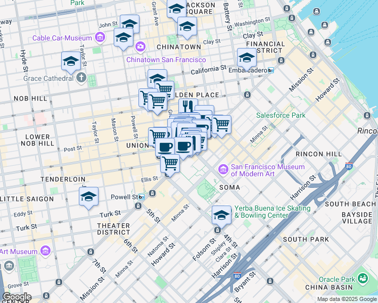 map of restaurants, bars, coffee shops, grocery stores, and more near 720 Market Street in San Francisco