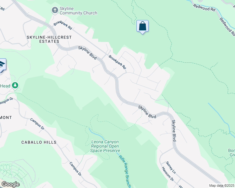 map of restaurants, bars, coffee shops, grocery stores, and more near Skyline Boulevard in Oakland