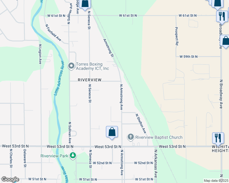 map of restaurants, bars, coffee shops, grocery stores, and more near 5757 Armstrong Street in Wichita