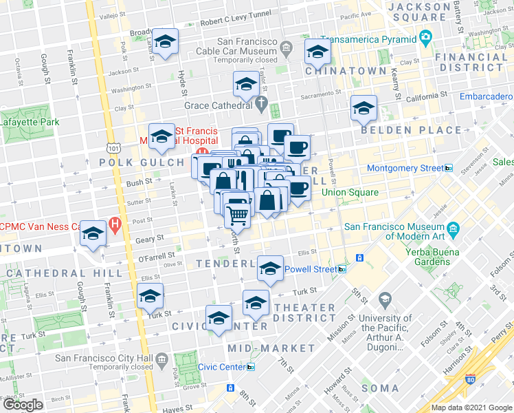 map of restaurants, bars, coffee shops, grocery stores, and more near 649 Jones St in San Francisco