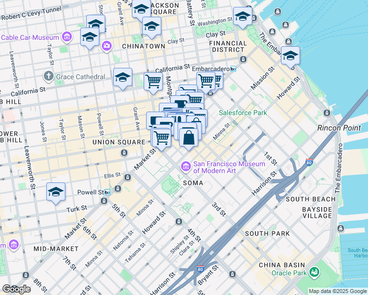 map of restaurants, bars, coffee shops, grocery stores, and more near 74 New Montgomery Street in San Francisco