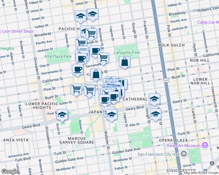 map of restaurants, bars, coffee shops, grocery stores, and more near Bush Street & Buchanan Street in San Francisco