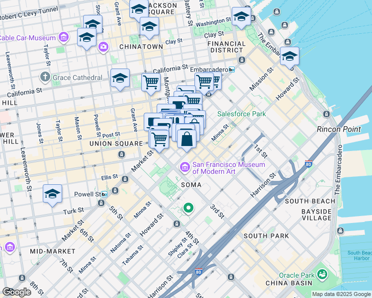 map of restaurants, bars, coffee shops, grocery stores, and more near 105 Jessie Street in San Francisco