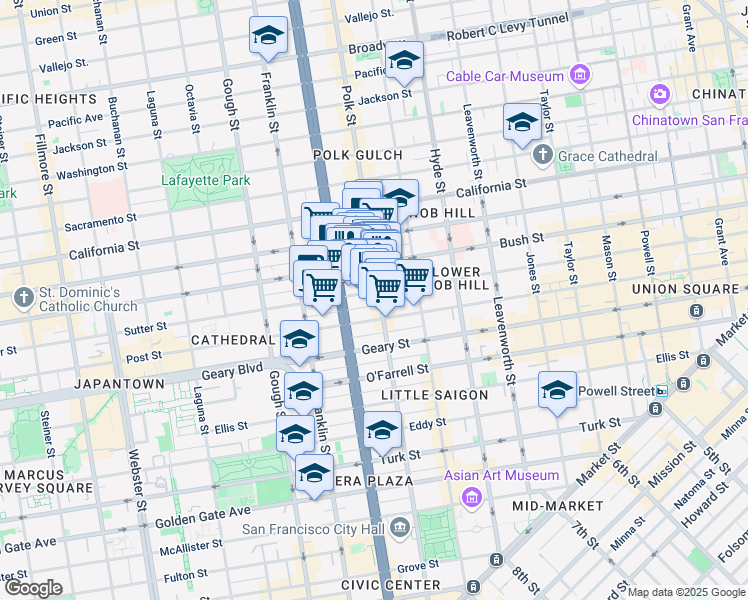map of restaurants, bars, coffee shops, grocery stores, and more near 1295 Sutter Street in San Francisco