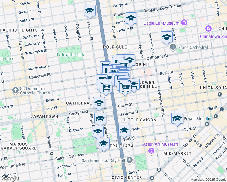 map of restaurants, bars, coffee shops, grocery stores, and more near 1295 Sutter Street in San Francisco