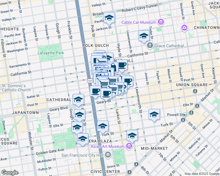 map of restaurants, bars, coffee shops, grocery stores, and more near 1025 Post Street in San Francisco