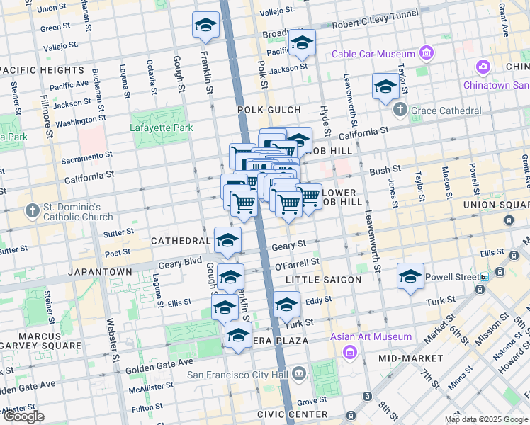 map of restaurants, bars, coffee shops, grocery stores, and more near 1283 Sutter Street in San Francisco