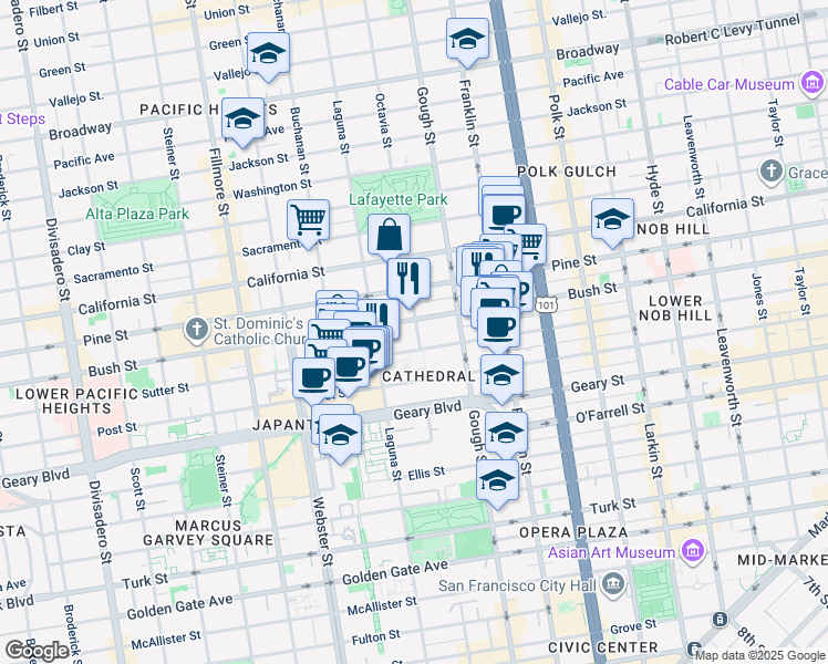 map of restaurants, bars, coffee shops, grocery stores, and more near in San Francisco