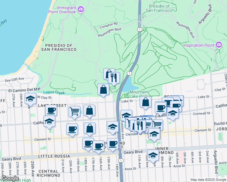 map of restaurants, bars, coffee shops, grocery stores, and more near U.S. 101 in San Francisco