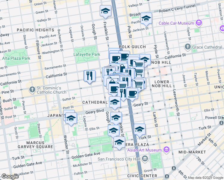 map of restaurants, bars, coffee shops, grocery stores, and more near 1420 Sutter Street in San Francisco