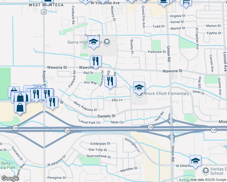 map of restaurants, bars, coffee shops, grocery stores, and more near 1052 Winters Drive in Manteca