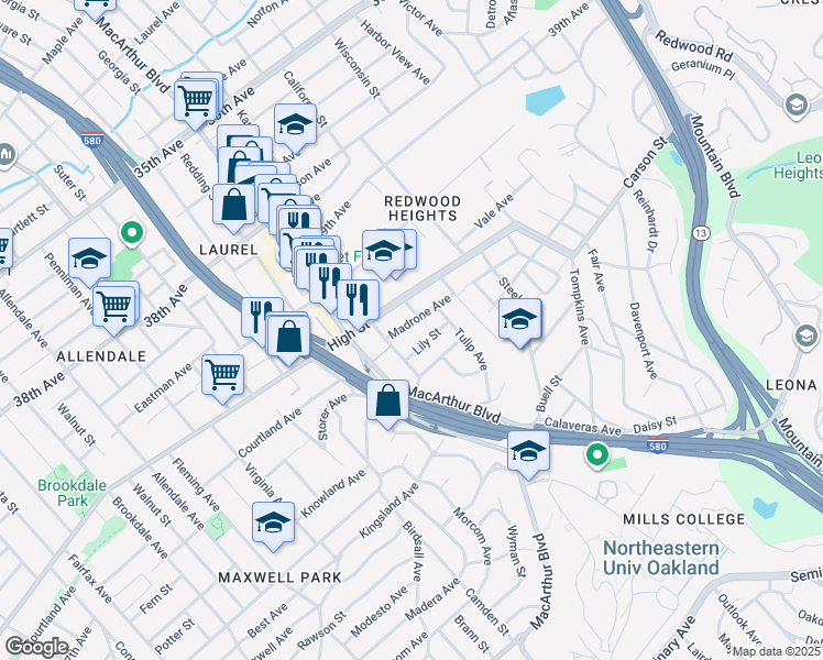 map of restaurants, bars, coffee shops, grocery stores, and more near 3678 High Street in Oakland