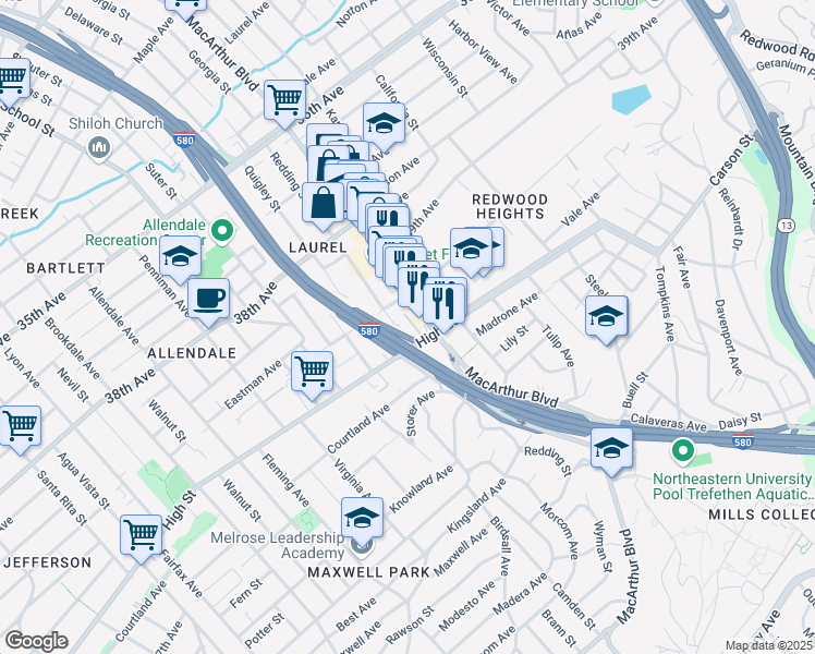 map of restaurants, bars, coffee shops, grocery stores, and more near 4215 MacArthur Boulevard in Oakland