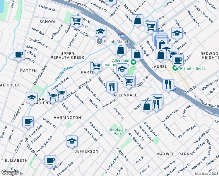 map of restaurants, bars, coffee shops, grocery stores, and more near 2834 Abbey Street in Oakland