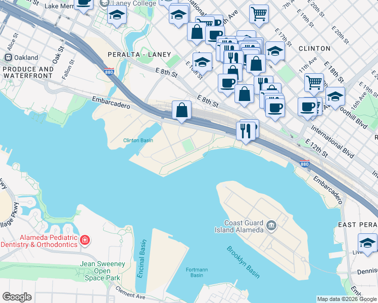map of restaurants, bars, coffee shops, grocery stores, and more near 89 Clinton Lane in Oakland