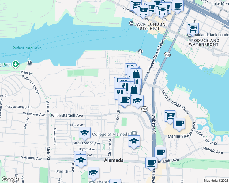 map of restaurants, bars, coffee shops, grocery stores, and more near 2739 5th Street in Alameda