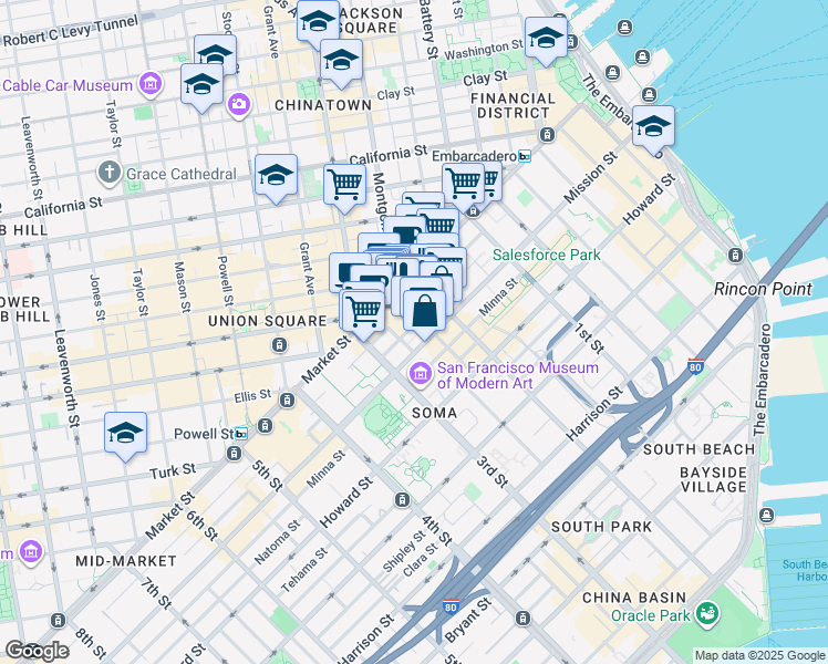 map of restaurants, bars, coffee shops, grocery stores, and more near 105 Jessie Street in San Francisco