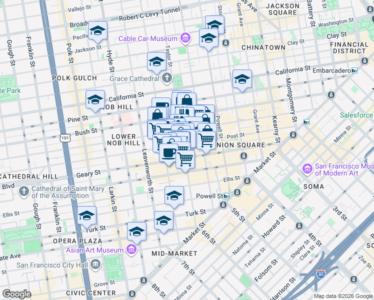 map of restaurants, bars, coffee shops, grocery stores, and more near 628 Post Street in San Francisco